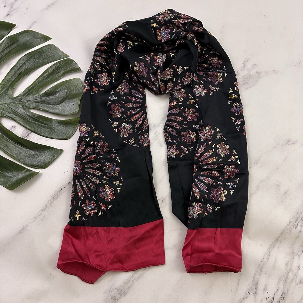 Womens Vintage 90s Stained Glass Window Print Silk Scarf Black Red Cathedral